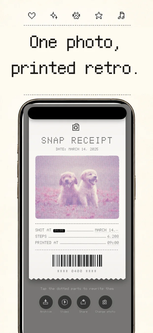 One photo, printed retro — the Snap Receipt screen