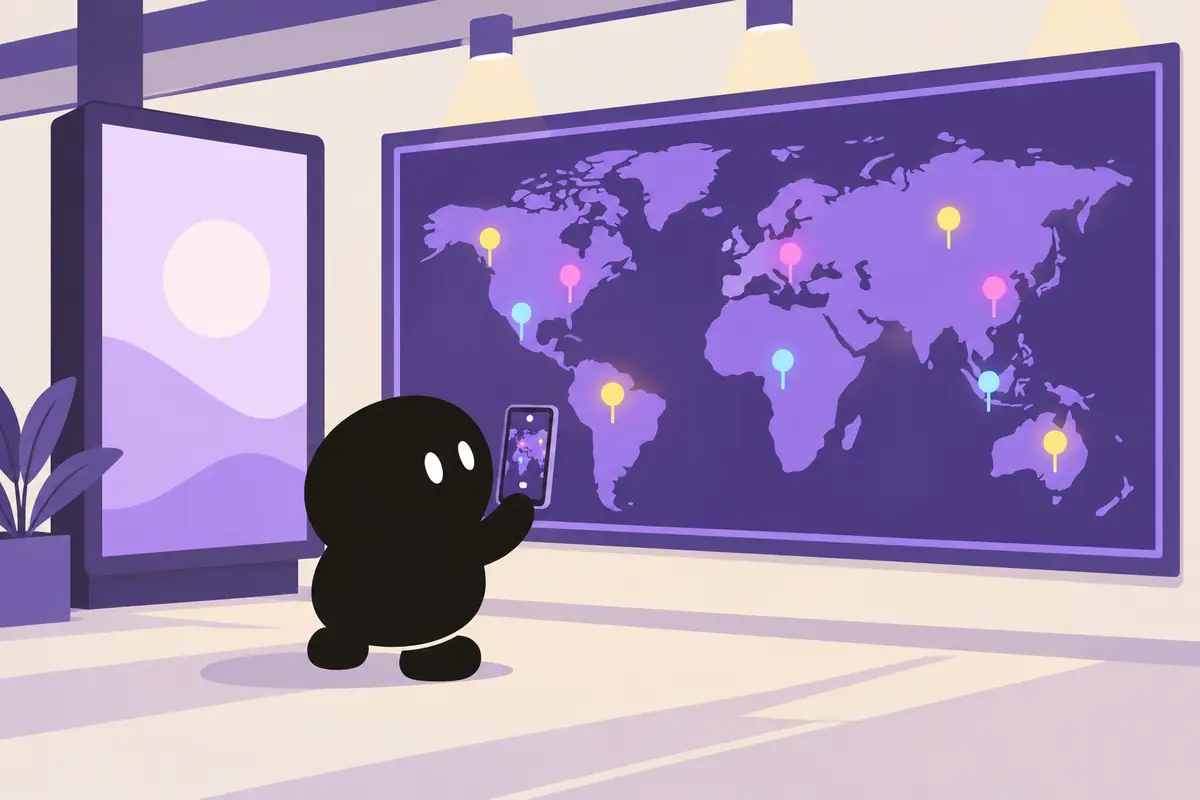 光るピンの刺さった世界地図をスマホで撮るキャラクター。横の看板は暗くなっている