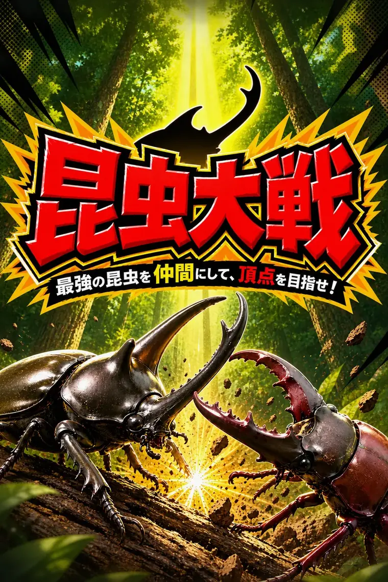 昆虫大戦 キービジュアル：森の中で、カブトムシとクワガタが角と大アゴをぶつけ合っている